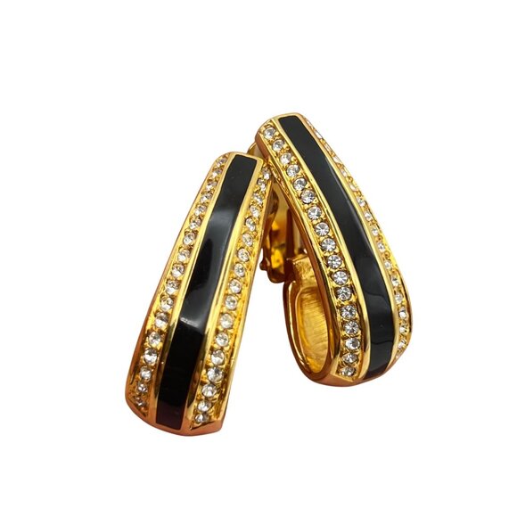Radiance Jewelry - Radiance Gold-Tone Black Enamel Crystal Clip Earrings Bold Designer Style Runway